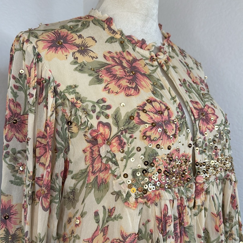 Free People  Hand Beaded Bali Golden Sun Printed Mini Dress SIZE SMALL NWT - Picture 6 of 16